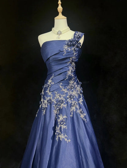 One Shoulder Navy Blue Satin Prom Dress Retro Evening Gown With Appliques  P2670