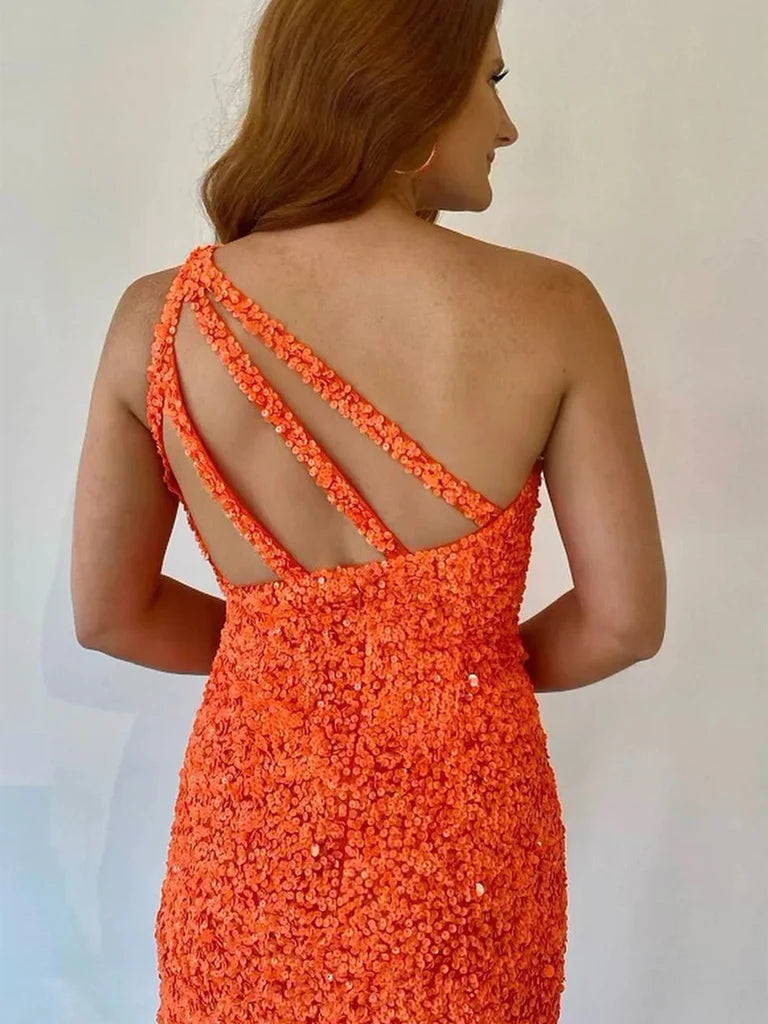 One Shoulder Orange Sequin Sheath Homecoming Dresses  P2355