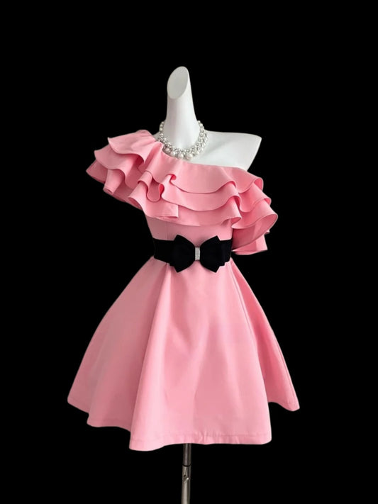 One Shoulder Pink Ruffled Homecoming Dress Short Birthday Dress  P1686