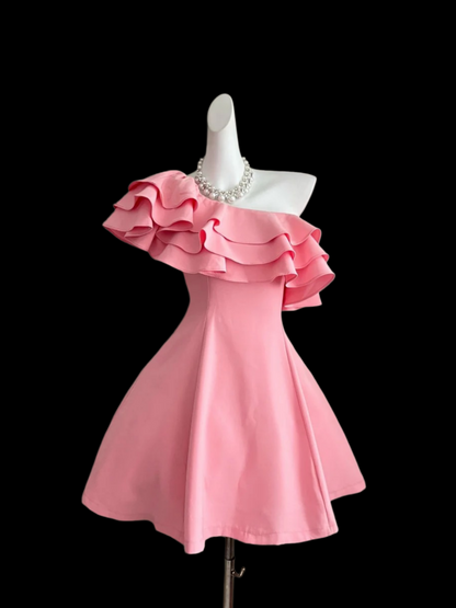 One Shoulder Pink Ruffled Homecoming Dress Short Birthday Dress  P1686