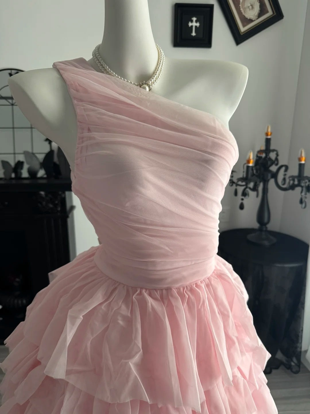 One Shoulder Pink Tulle Homecoming Dress Layered Party Dress  P2063