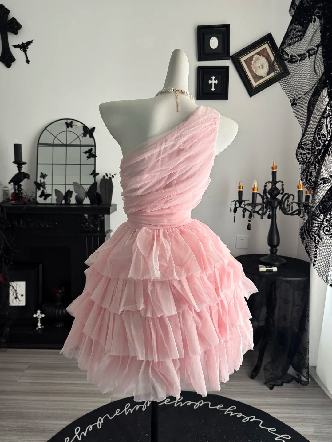 One Shoulder Pink Tulle Homecoming Dress Layered Party Dress  P2063