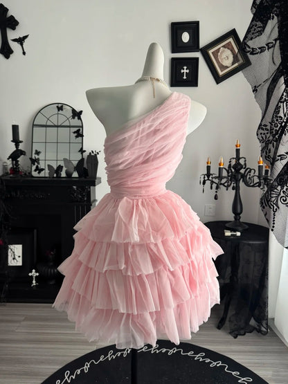 One Shoulder Pink Tulle Homecoming Dress Layered Party Dress  P2063