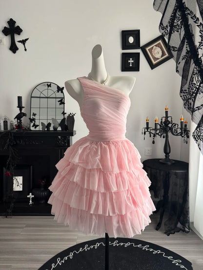 One Shoulder Pink Tulle Homecoming Dress Layered Party Dress  P2063