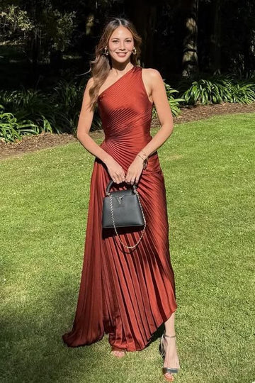 One Shoulder Pleated Satin Formal Dress Wedding Guest Dress  P992
