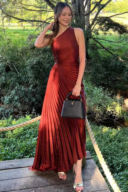 One Shoulder Pleated Satin Formal Dress Wedding Guest Dress  P992