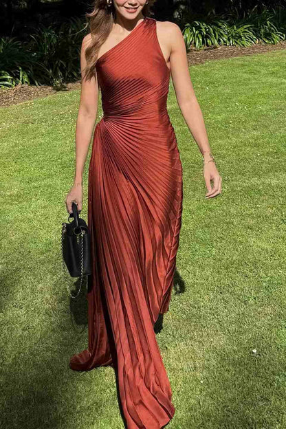 One Shoulder Pleated Satin Formal Dress Wedding Guest Dress  P992