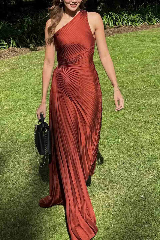 One Shoulder Pleated Satin Formal Dress Wedding Guest Dress  P992