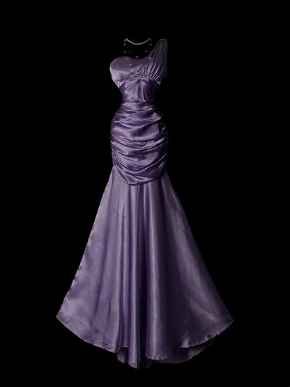 One Shoulder Purple Mermaid Satin Prom Dress Retro Evening Gown  P1865