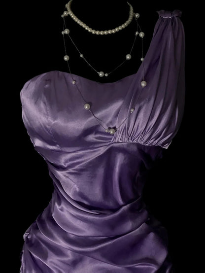 One Shoulder Purple Mermaid Satin Prom Dress Retro Evening Gown  P1865