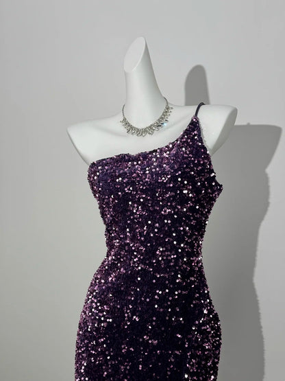 One Shoulder Purple Sequin Short Homecoming Dress  P1301