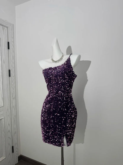 One Shoulder Purple Sequin Short Homecoming Dress  P1301