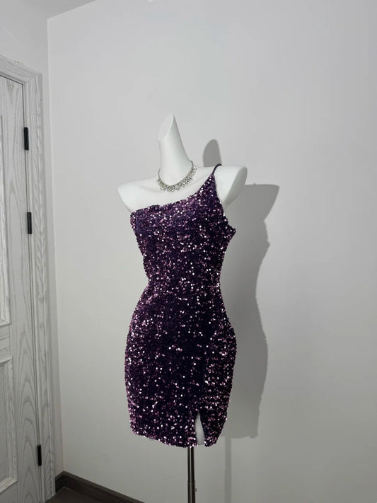 One Shoulder Purple Sequin Short Homecoming Dress  P1301