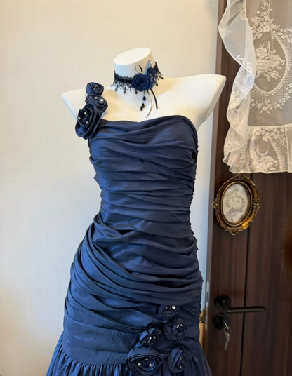 One Shoulder Retro Navy Blue Mermaid Formal Prom Dress  P1952