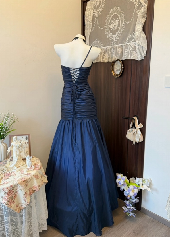 One Shoulder Retro Navy Blue Mermaid Formal Prom Dress  P1952