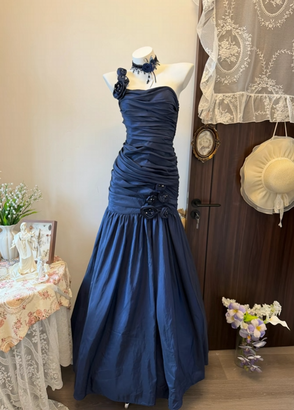 One Shoulder Retro Navy Blue Mermaid Formal Prom Dress  P1952