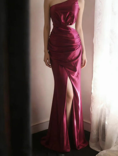 One Shoulder Rose Red Sheath Prom Dress With Slit Formal Evening Gown  P1980