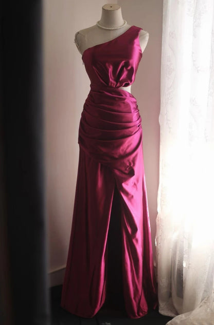 One Shoulder Rose Red Sheath Prom Dress With Slit Formal Evening Gown  P1980