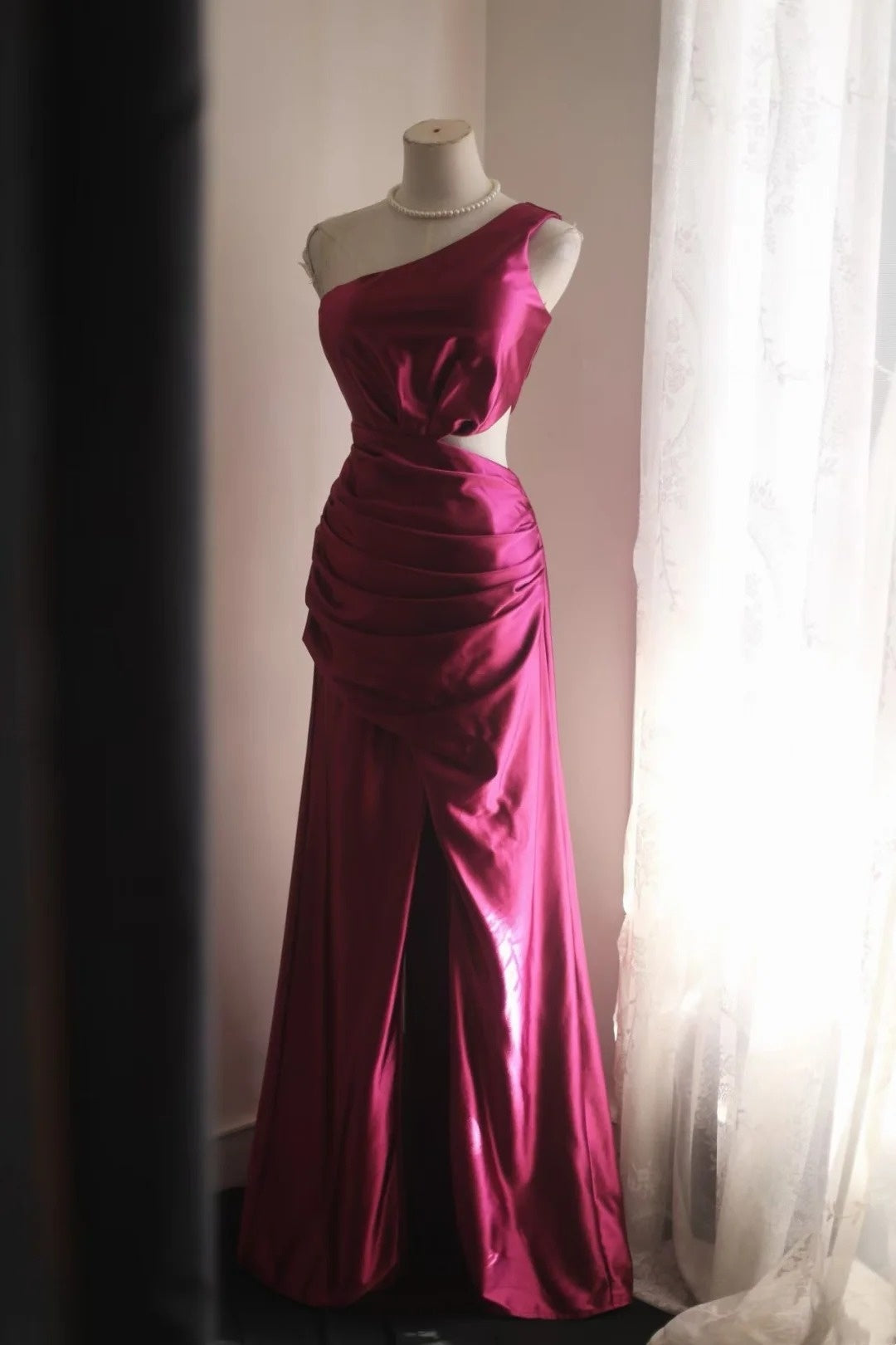 One Shoulder Rose Red Sheath Prom Dress With Slit Formal Evening Gown  P1980