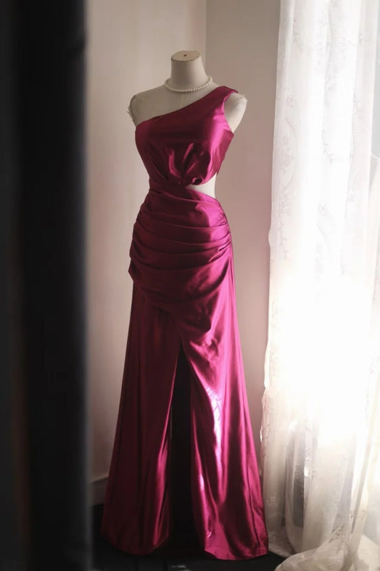 One Shoulder Rose Red Sheath Prom Dress With Slit Formal Evening Gown  P1980