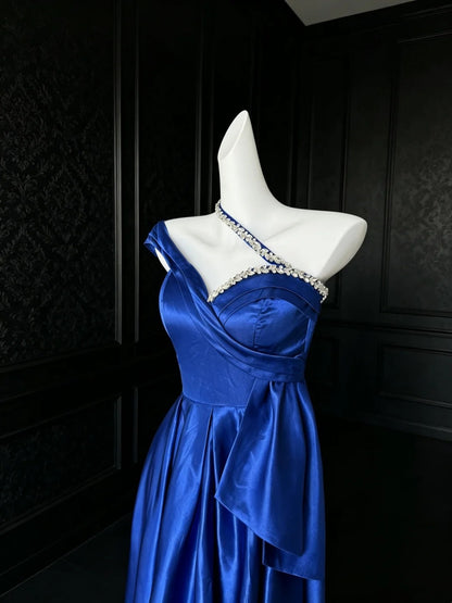 One Shoulder Royal Blue Satin Prom Dress Beaded Evening Dress  P1316