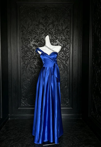One Shoulder Royal Blue Satin Prom Dress Beaded Evening Dress  P1316