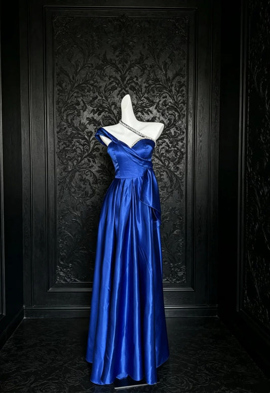 One Shoulder Royal Blue Satin Prom Dress Beaded Evening Dress  P1316