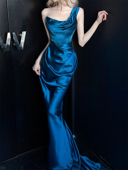 One Shoulder Satin Blue Mermaid Prom Dress   P949