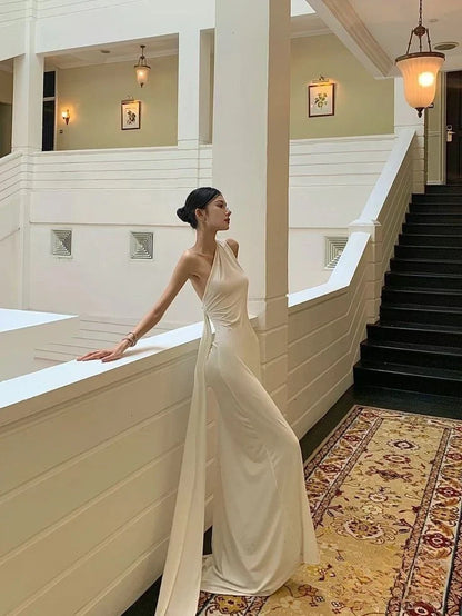 One Shoulder Satin Evening Dress Backless Formal Prom Dress  P724