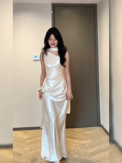 One Shoulder Satin Evening Dress Elegant Birthday Dress   P1752