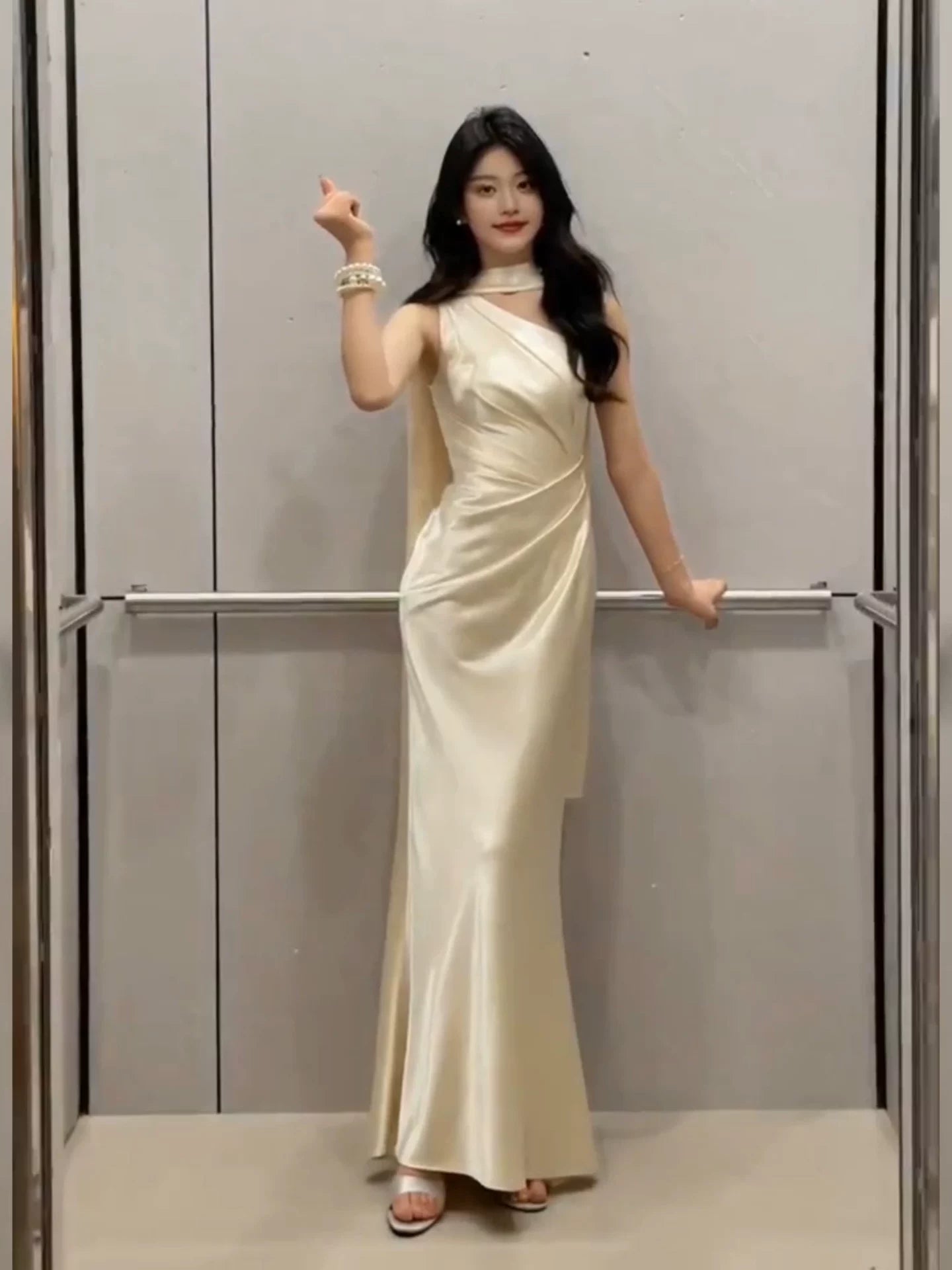 One Shoulder Satin Evening Dress Elegant Birthday Dress   P1752