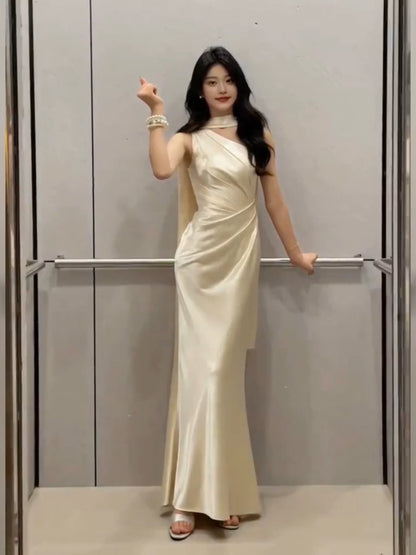 One Shoulder Satin Evening Dress Elegant Birthday Dress   P1752