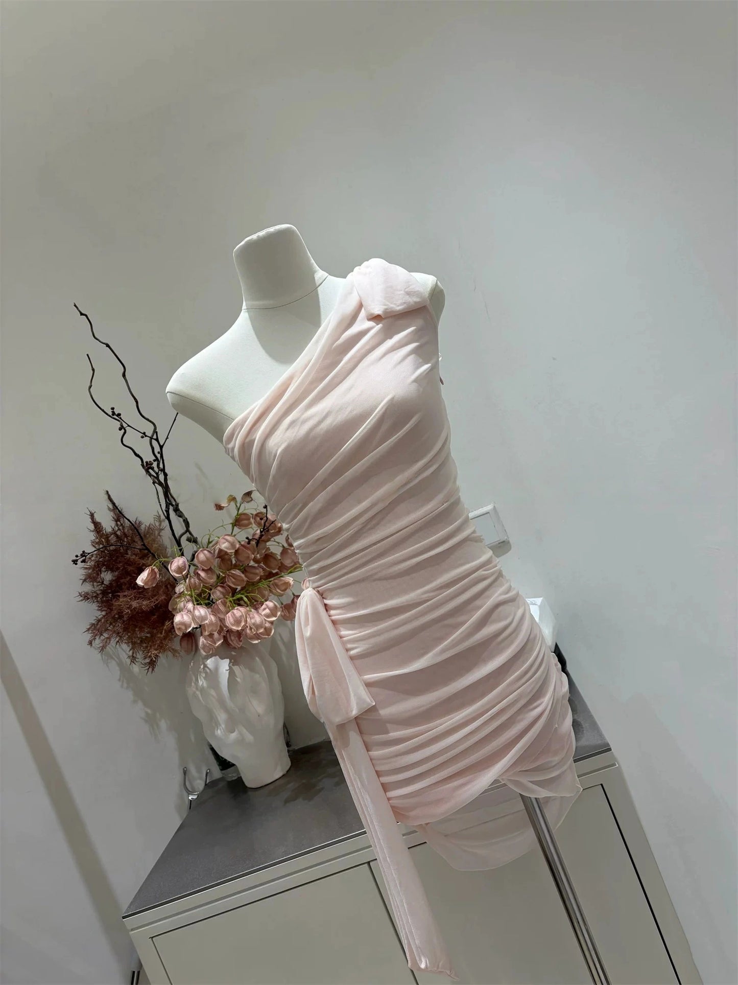 One Shoulder Sheath Pink Chiffon Homecoming Dress  P1472