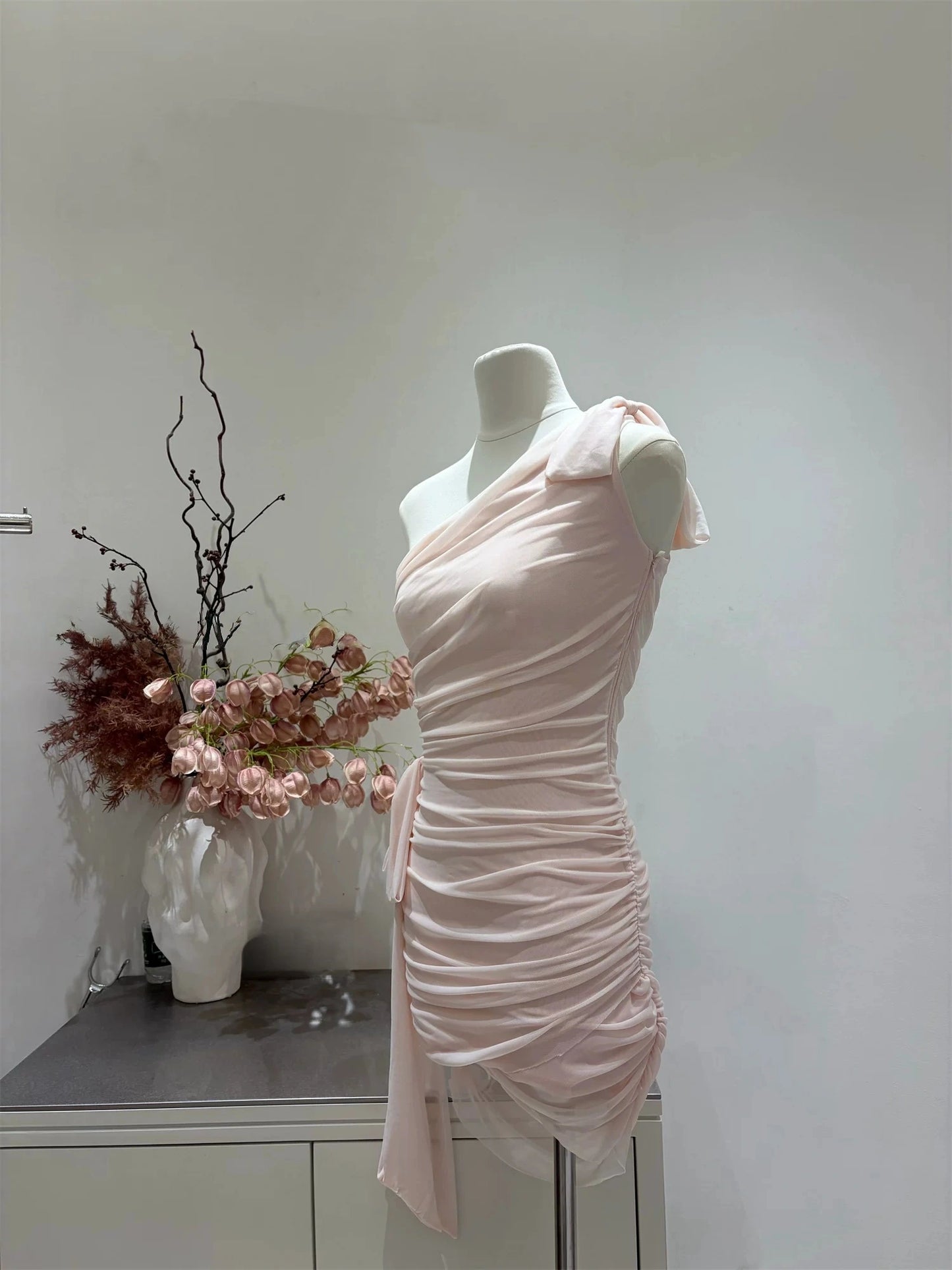One Shoulder Sheath Pink Chiffon Homecoming Dress  P1472