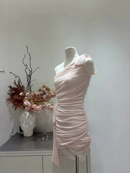 One Shoulder Sheath Pink Chiffon Homecoming Dress  P1472