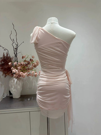One Shoulder Sheath Pink Chiffon Homecoming Dress  P1472