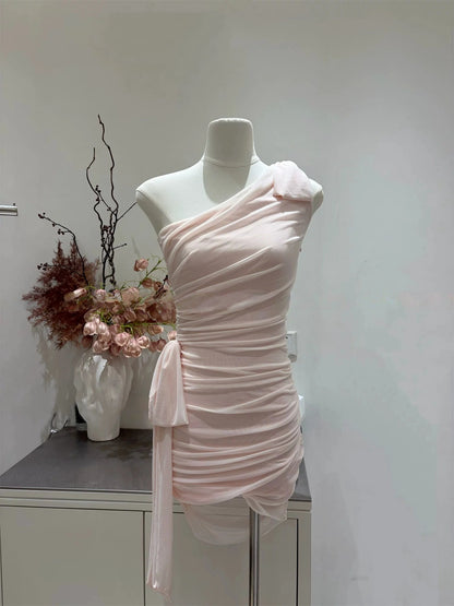 One Shoulder Sheath Pink Chiffon Homecoming Dress  P1472