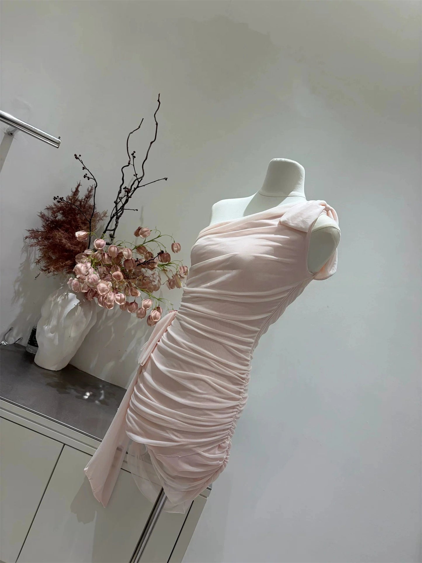 One Shoulder Sheath Pink Chiffon Homecoming Dress  P1472