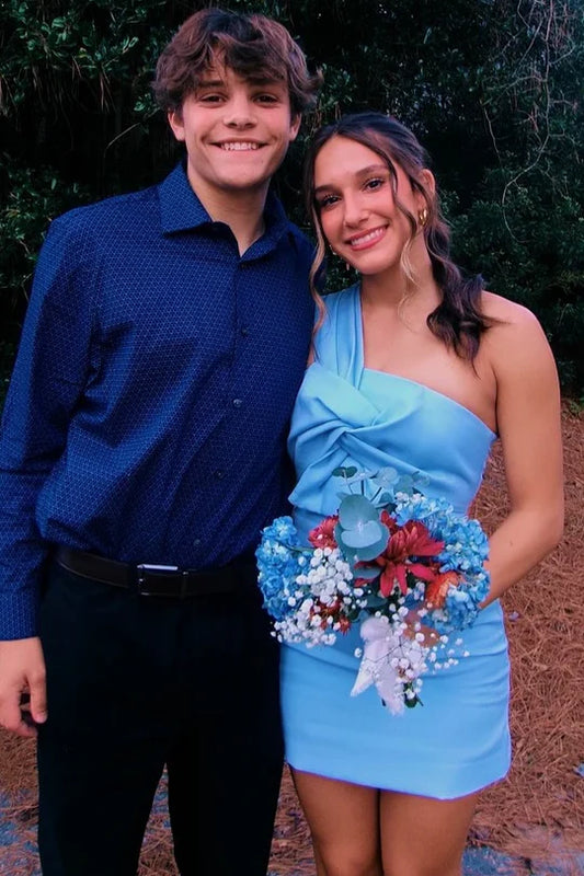 One Shoulder Sheath Blue Short Homecoming Dress  P1533
