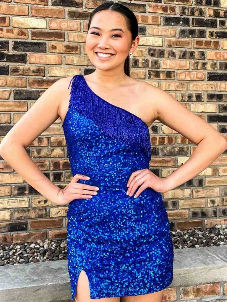 One Shoulder Short Tight Homecoming Dresses With Tassel P2323