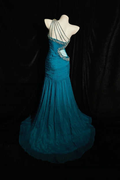 One Shoulder Teal Mermaid Prom Dress Beaded Retro Evening Gown  P2609