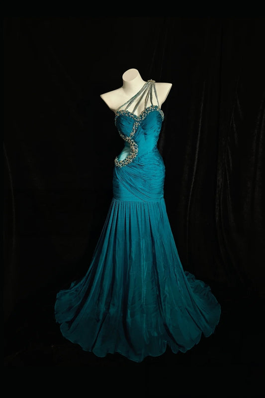 One Shoulder Teal Mermaid Prom Dress Beaded Retro Evening Gown  P2609