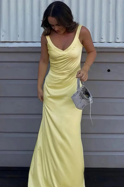 Open Back Mermaid V Neck Yellow Long Prom Dress  P2519
