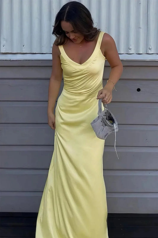 Open Back Mermaid V Neck Yellow Long Prom Dress  P2519