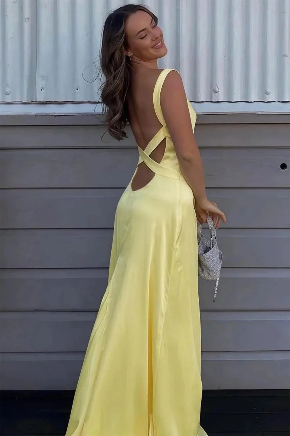 Open Back Mermaid V Neck Yellow Long Prom Dress  P2519