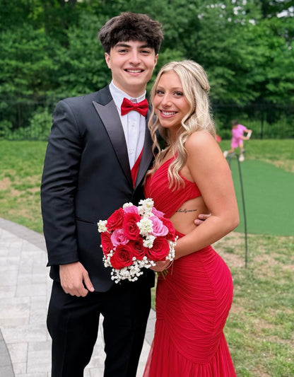 Open Back Red Mermaid Prom Dress V Neck Evening Gown  P1581