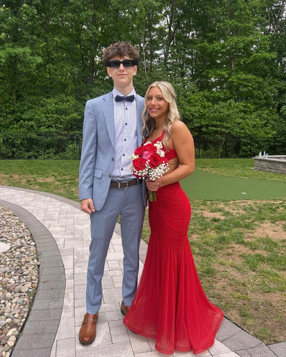 Open Back Red Mermaid Prom Dress V Neck Evening Gown  P1581
