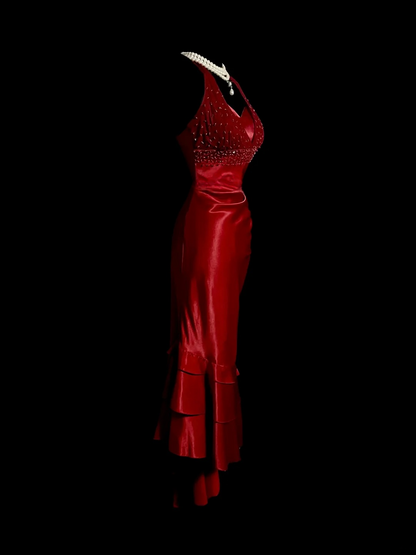V Neck Burgundy Satin Prom Dress Formal Evening Party Dress Birthday Dress P102