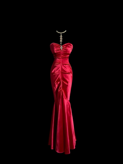 Strapless Red Satin Prom Dress Formal Party Dress Evening Dress P103