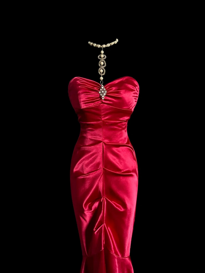 Strapless Red Satin Prom Dress Formal Party Dress Evening Dress P103